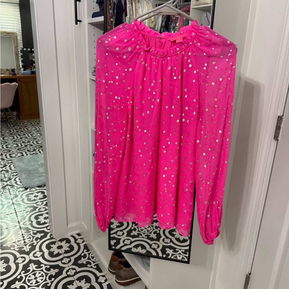 Lilly Pulitzer Hot Pink Metallic Dot Ruffle Top